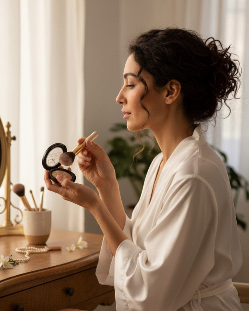 Calla Lily Cosmetics Tranquil Beige baked mineral foundation in Medium Olive, swirled beige and gold tones.