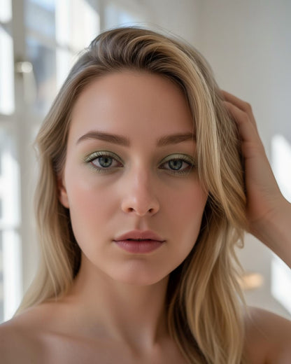 Calla Lily Cosmetics Vanilla Matte Shadow, pale buttery yellow eyeshadow on model's eye.
