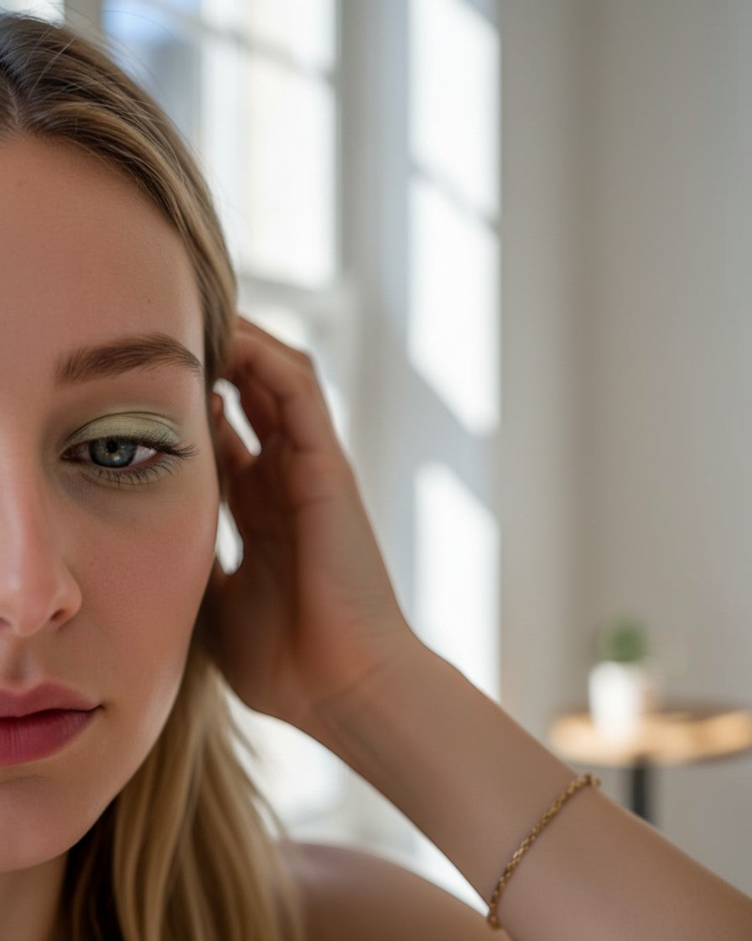 Calla Lily Cosmetics Vanilla Matte Shadow, pale buttery yellow eyeshadow on eyelid.