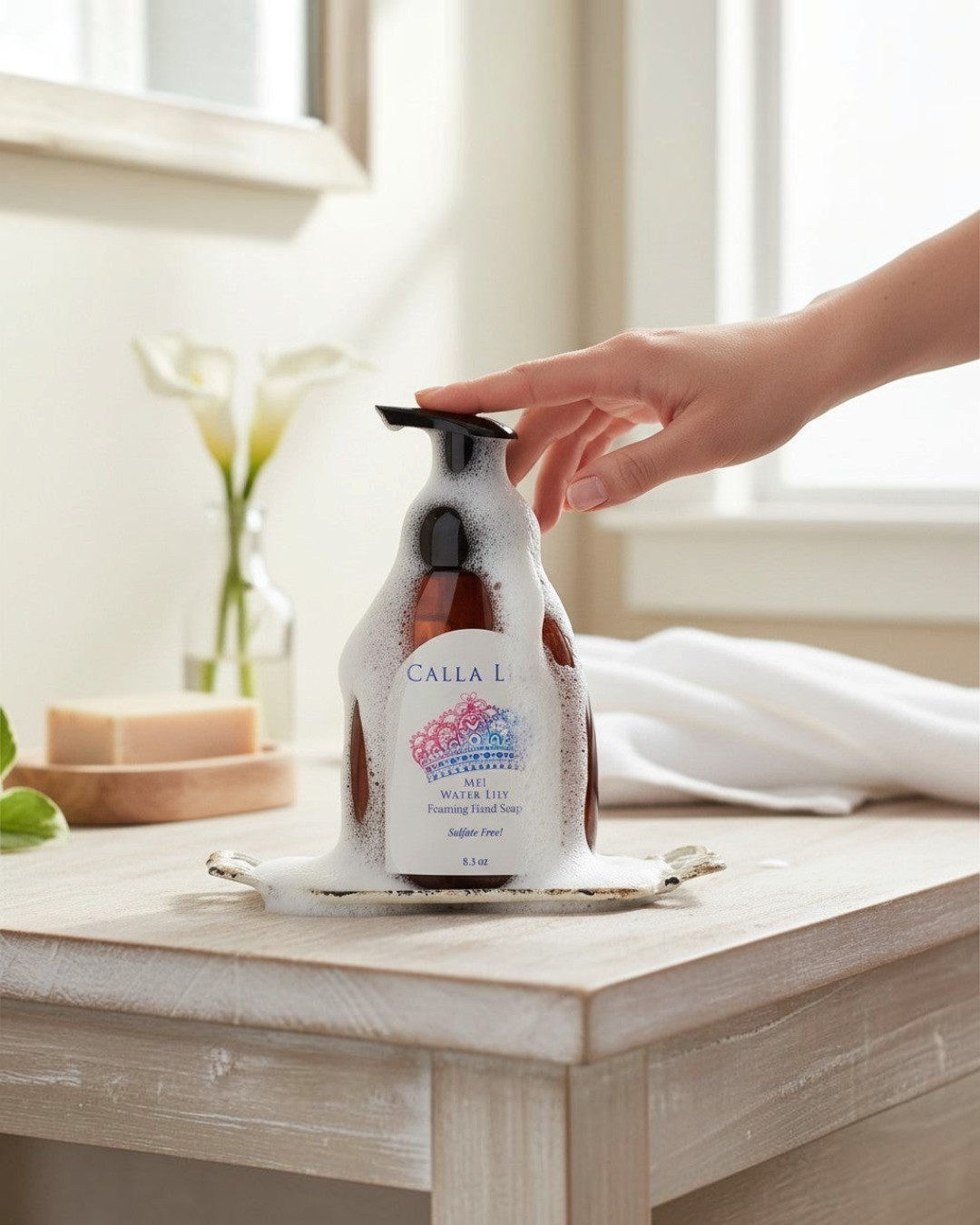 Calla Lily Cosmetics + CL kids ME! Water Lily foaming hand soap in amber bottle, sulfate-free.