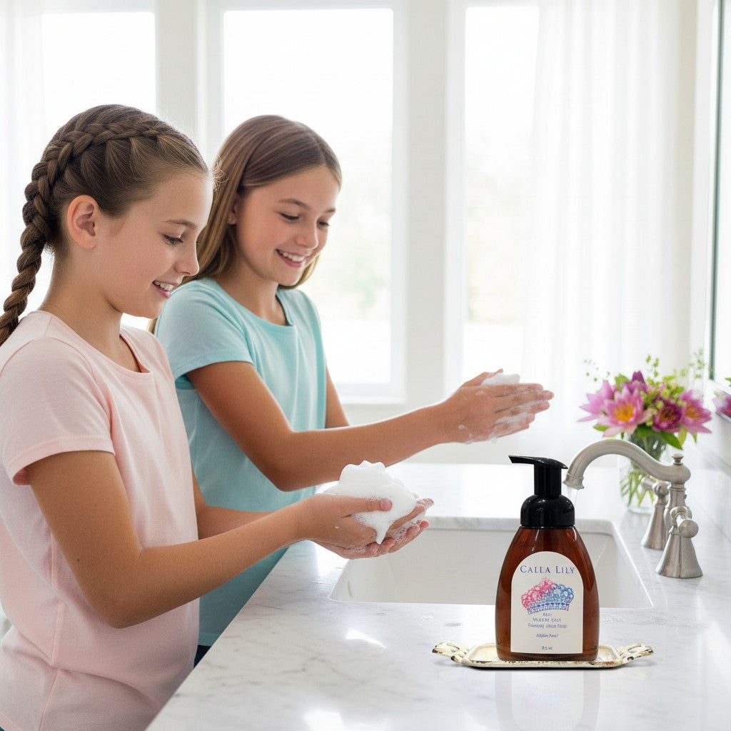 Calla Lily Cosmetics + CL kids ME! Water Lily foaming hand soap in an 8oz amber bottle with a black pump. Sulfate-free.