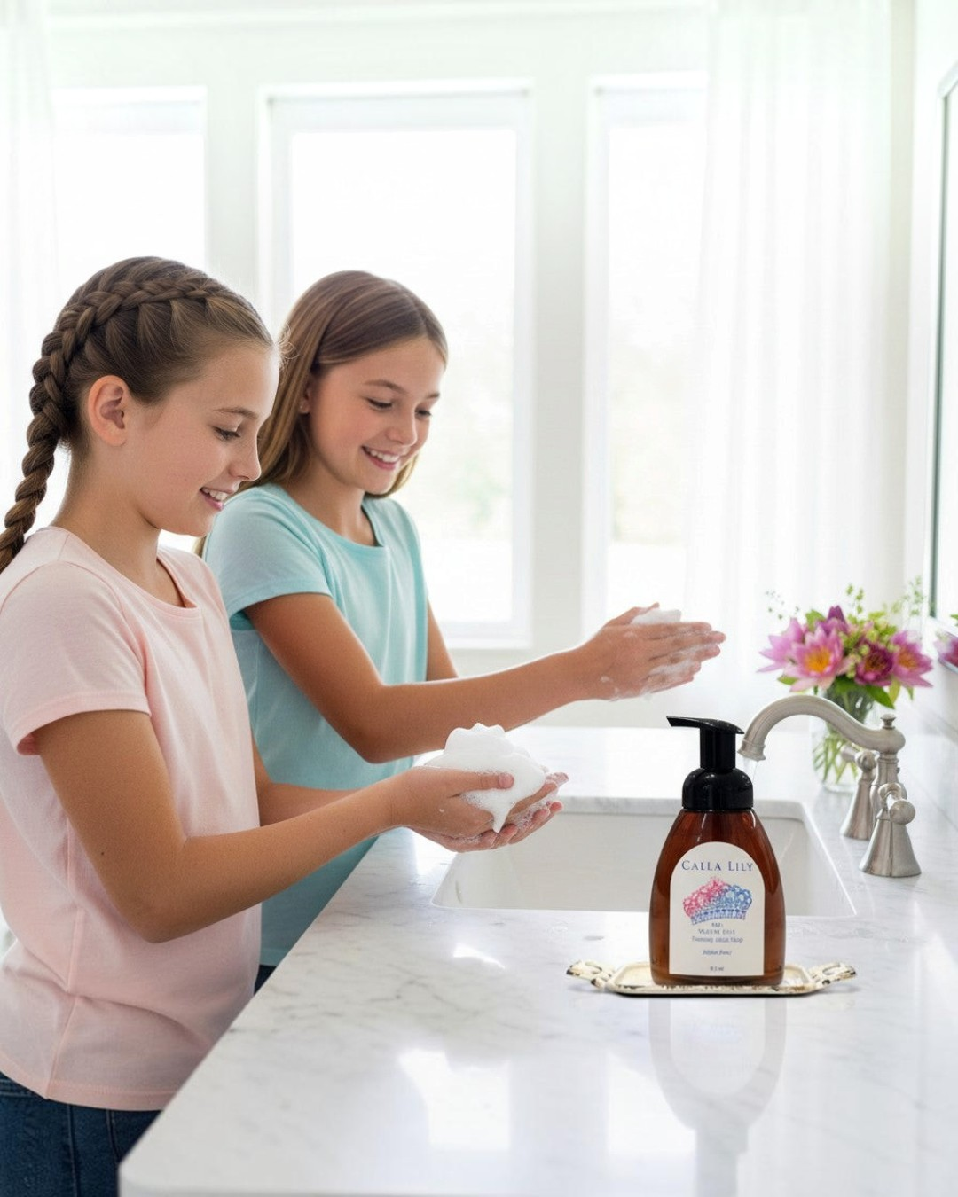 Calla Lily Cosmetics + CL kids ME! Water Lily foaming hand soap in an 8oz amber bottle with a black pump. Sulfate-free.