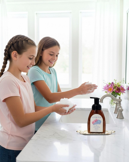 Calla Lily Cosmetics + CL kids ME! Water Lily foaming hand soap in an 8oz amber bottle with a black pump. Sulfate-free.