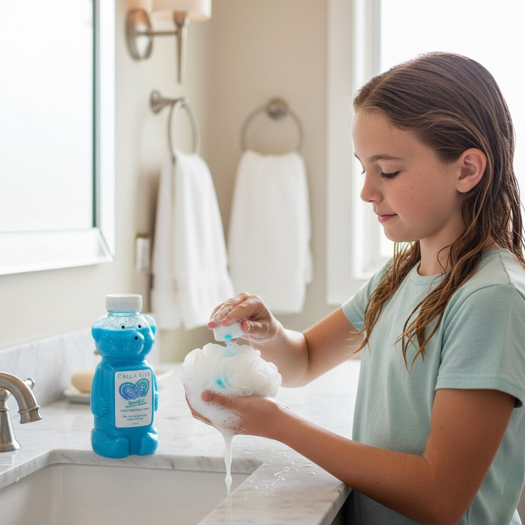 Calla Lily Cosmetics blue honey-infused body wash in a bear-shaped bottle, Blackberry Magnolia scent.