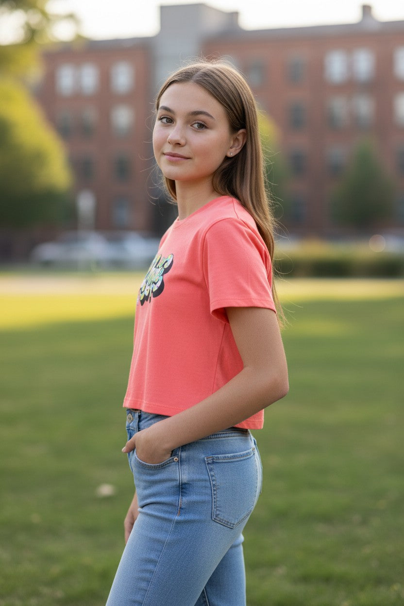 Calla Lily Cosmetics CL kids coral pink crop tee with round neck and a unique floral print graphic. Made from cotton blend.