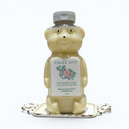 Calla Lily Cosmetics honey-infused body wash in a bear-shaped bottle, Sunflower Fields scent.