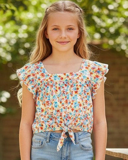 Calla Lily Cosmetics + CL kids multicolor rayon top with ruffled sleeves and tie-front detail.