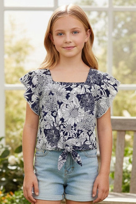 Calla Lily Cosmetics navy blue floral print rayon top with ruffle sleeves and tie-front detail for girls.