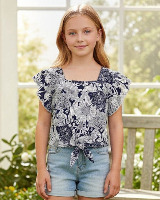 Calla Lily Cosmetics navy blue floral print rayon top with ruffle sleeves and tie-front detail for girls.