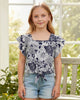 Calla Lily Cosmetics navy blue floral print rayon top with ruffle sleeves and tie-front detail for girls.