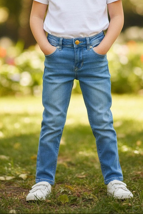 Calla Lily Cosmetics + CL kids blue denim jeans for girls, made with cotton, terylene, and spandex. Features adjustable waist and classic fit.