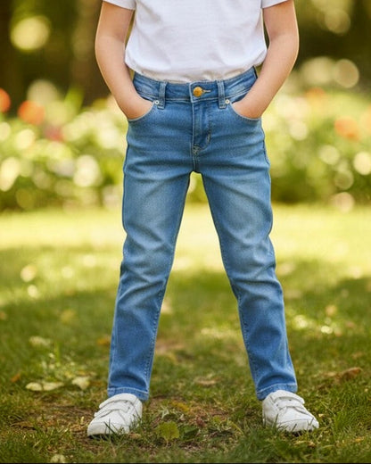Calla Lily Cosmetics + CL kids blue denim jeans for girls, made with cotton, terylene, and spandex. Features adjustable waist and classic fit.