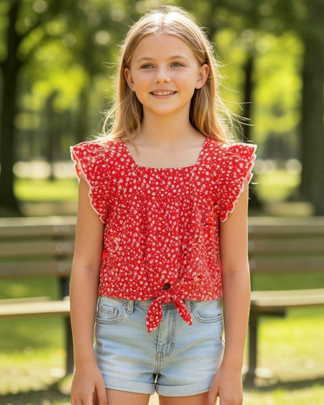 Calla Lily Cosmetics + CL kids red rayon top with white floral print, square neck, ruffle sleeves, and tie-front detail.