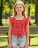 Calla Lily Cosmetics + CL kids red rayon top with white floral print, square neck, ruffle sleeves, and tie-front detail.