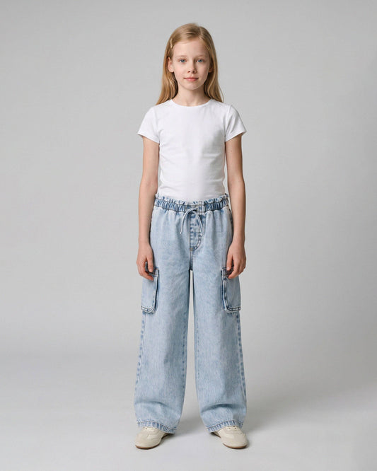 A young girl stands against a light gray studio background wearing a plain white short-sleeve T-shirt, light-wash wide-leg denim cargo pants, and off-white sneakers.