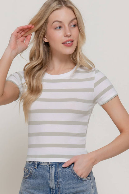 Short Sleeve Sage Stripe Crop Top