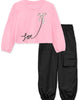 Pink long-sleeve top with a design and black pants on a white background