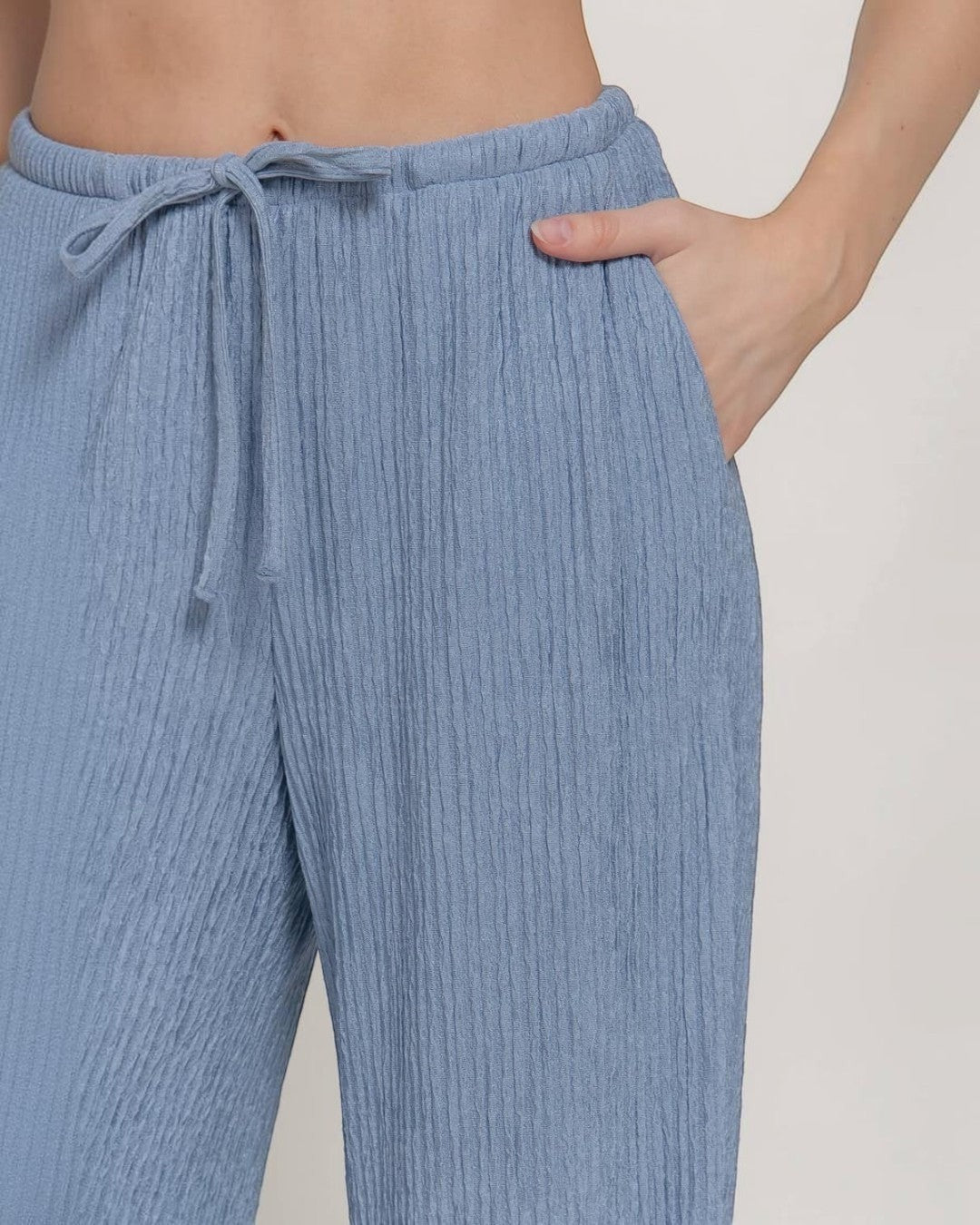 Light Blue Crinkle Knit Long Pants
