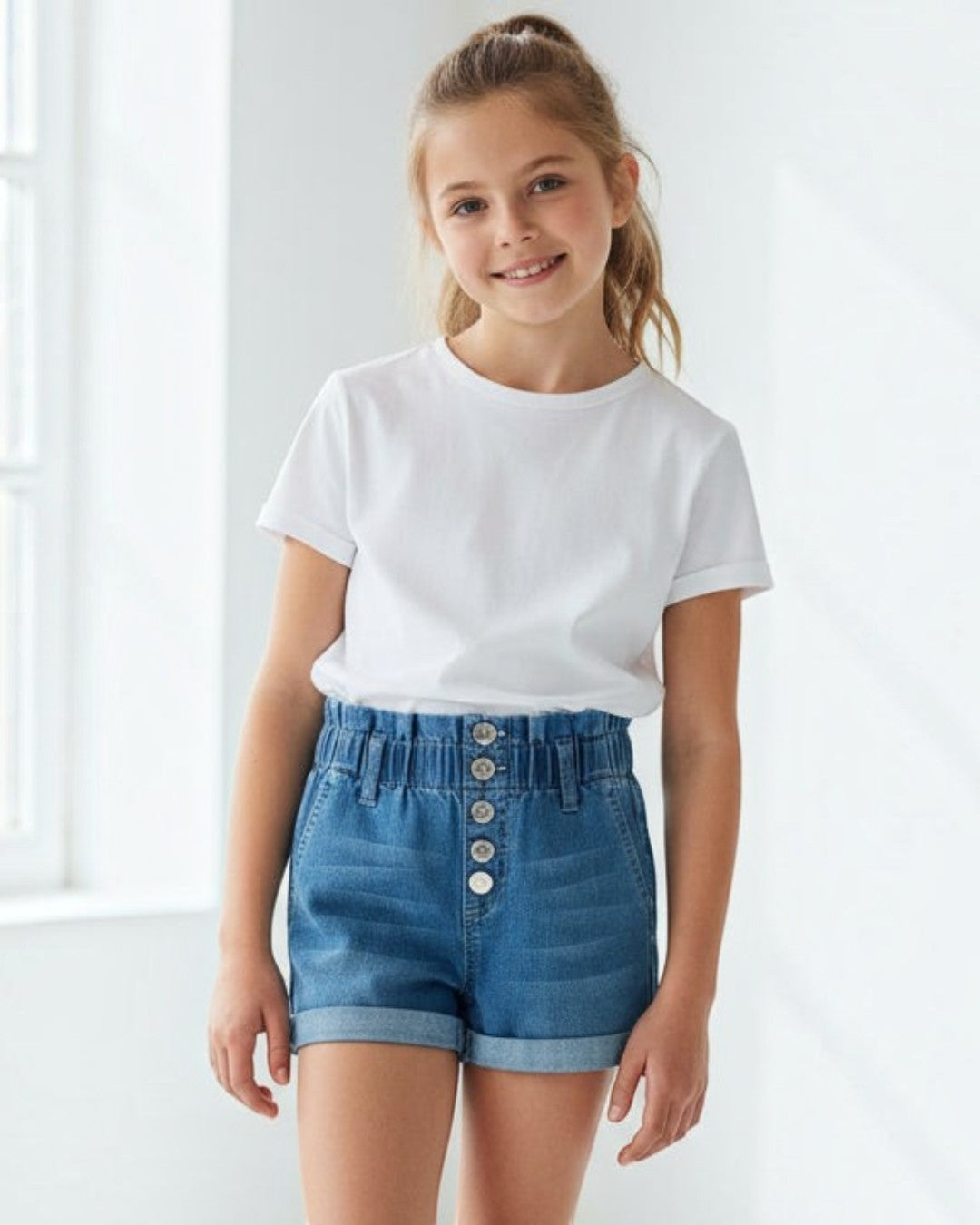 Girl's Denim Shorts with Paperbag Waistband