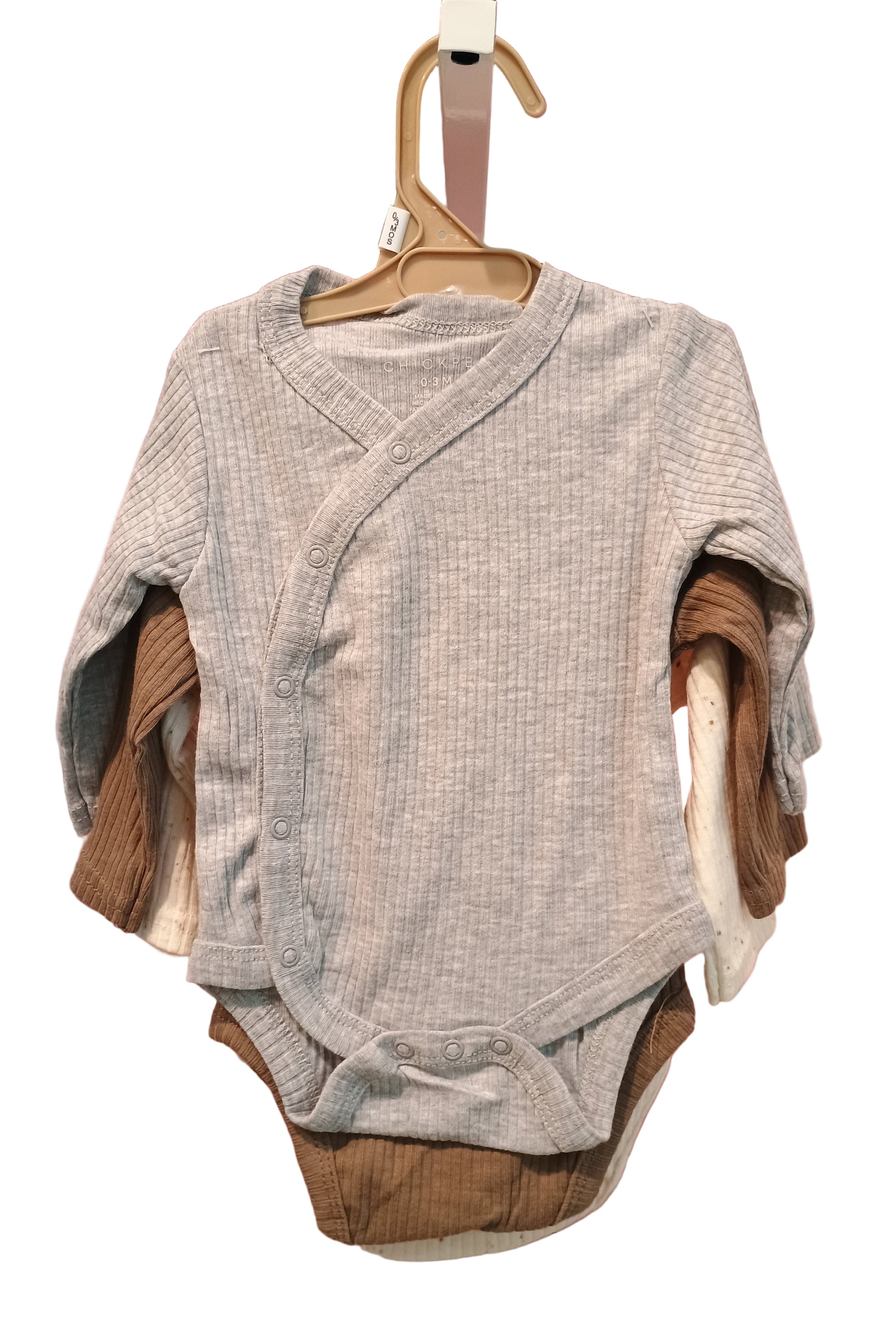 Grey baby onesie against a white background