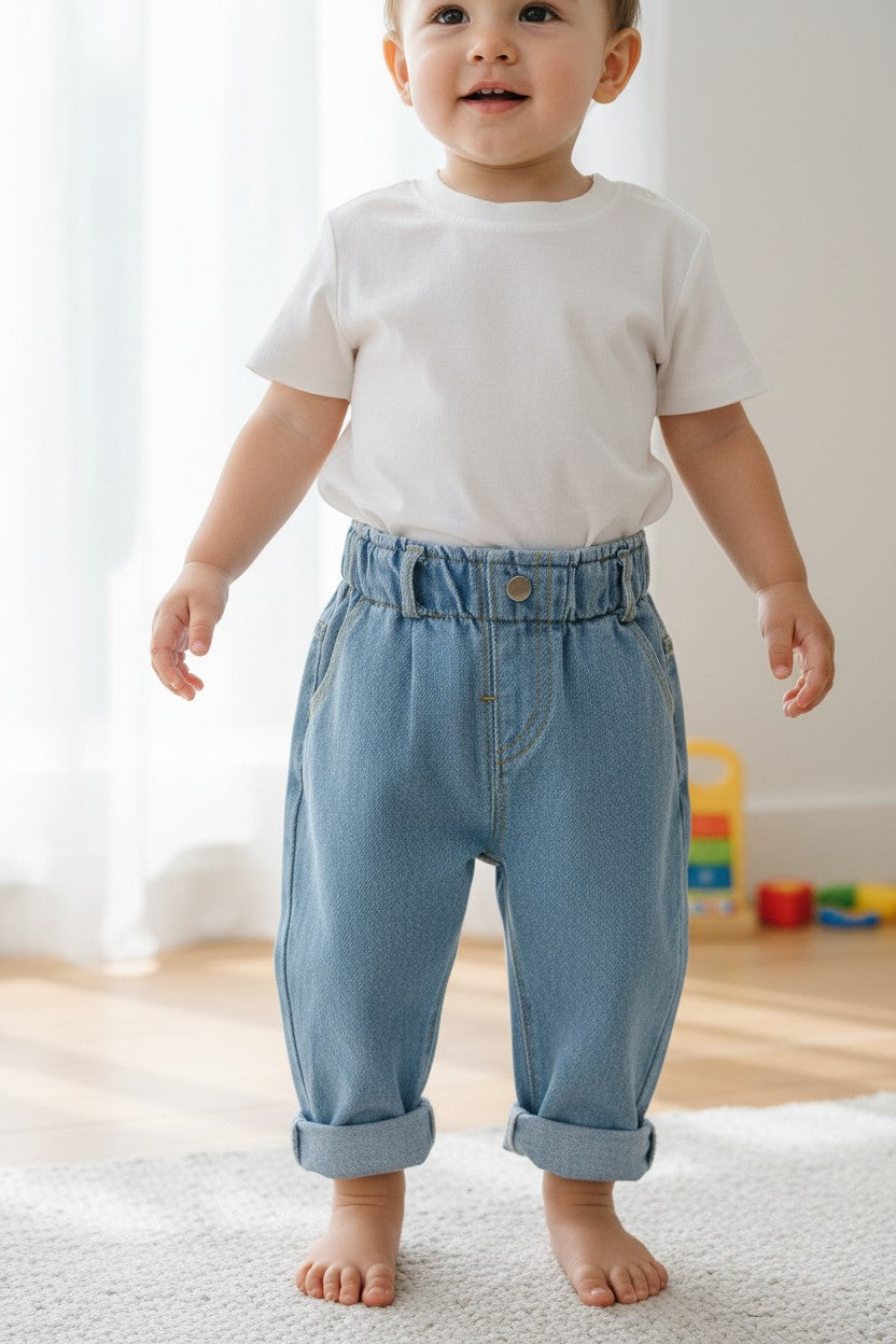 CL kids light blue denim elastic waist baby jeans, 85% cotton, cuffed hems.