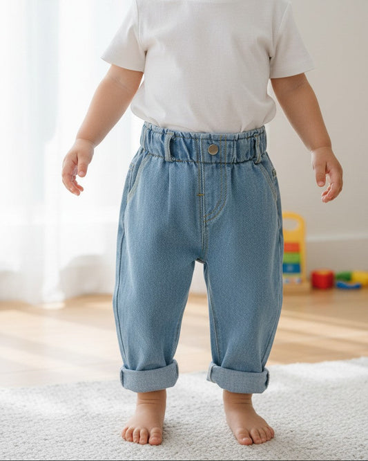 CL kids light blue denim elastic waist baby jeans, 85% cotton, cuffed hems.