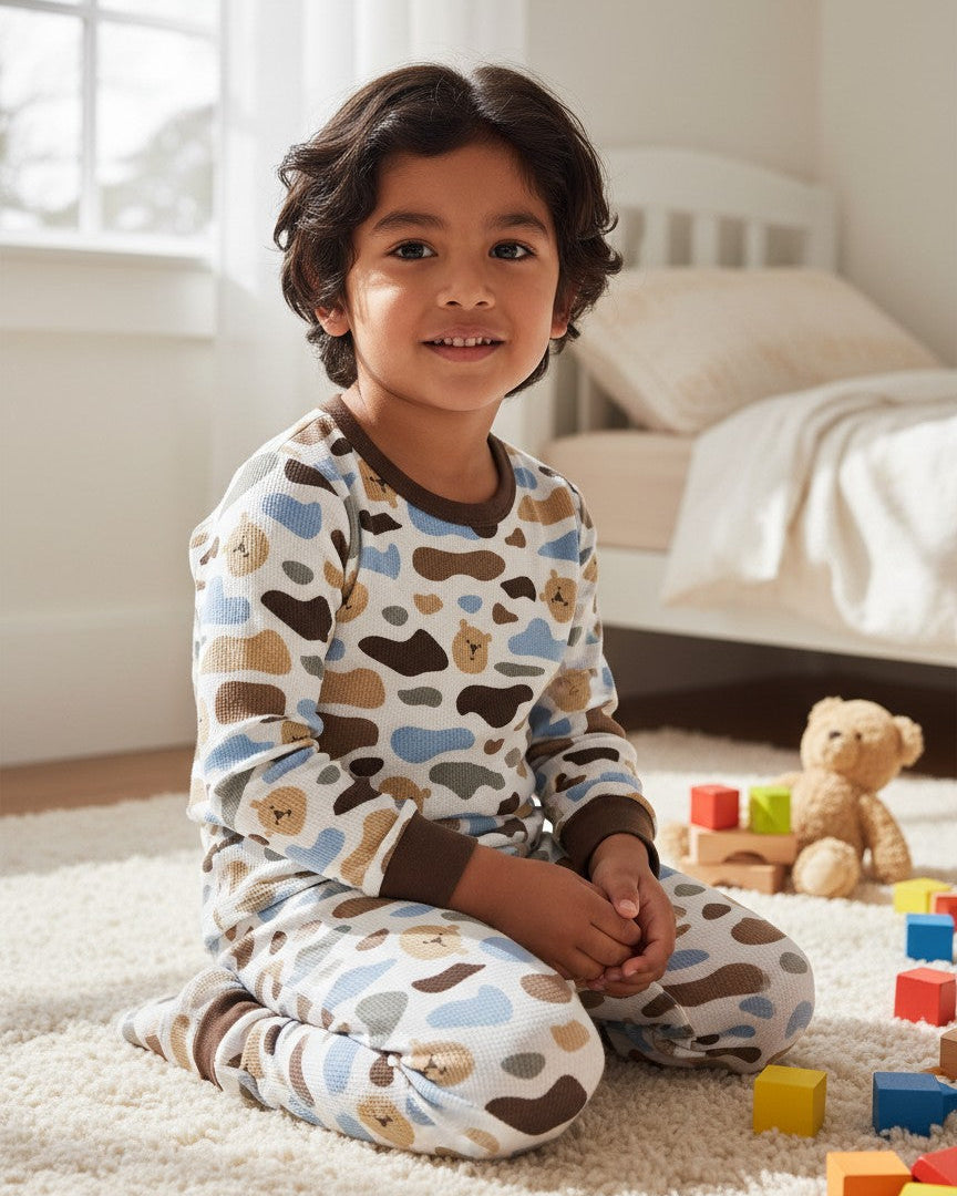 CL kids Camo Bear Thermal PJ Set with brown trim, featuring a white base with blue, brown, and tan camouflage shapes and small bear faces. Made of 60% cotton, 40% polyester.