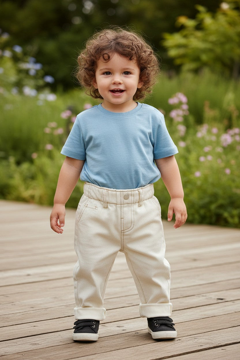 CL kids elastic waist baby jeans in winter white, made from 85% cotton. Features rolled cuffs and a comfortable fit.