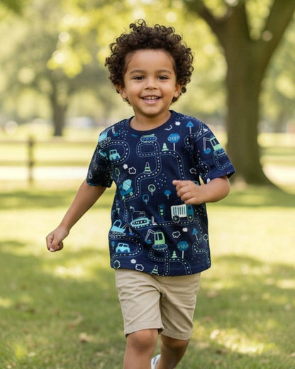 CL kids navy blue short sleeve cotton t-shirt with a fun print of cars, trucks, and construction vehicles on a road map.
