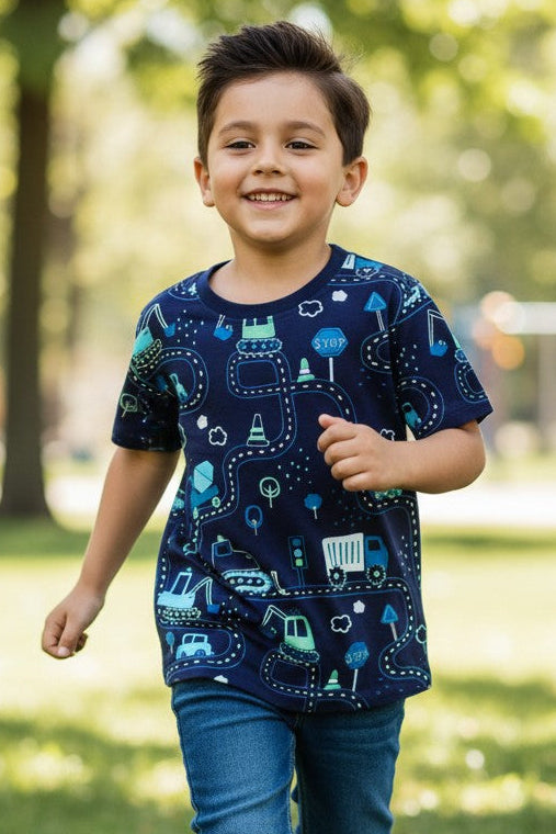CL kids navy blue cotton t-shirt with a fun print of cars, trucks, and construction vehicles on a winding road.