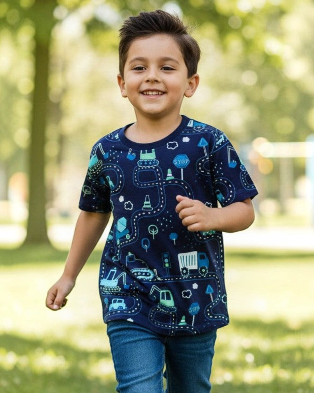 CL kids navy blue cotton t-shirt with a fun print of cars, trucks, and construction vehicles on a winding road.
