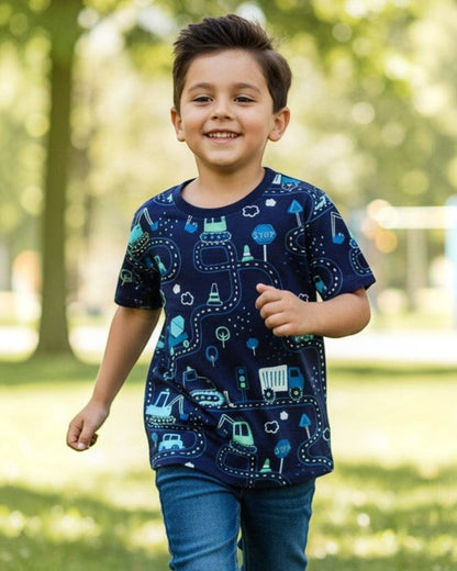 CL kids navy blue cotton t-shirt with a fun print of cars, trucks, and construction vehicles on a winding road.
