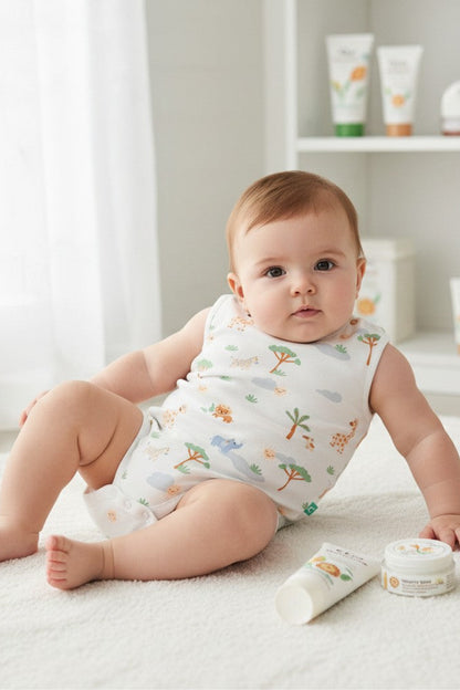 CL kids Organic Safari sleeveless bodysuit with giraffes, elephants, lions, zebras, trees, and suns. White cotton.