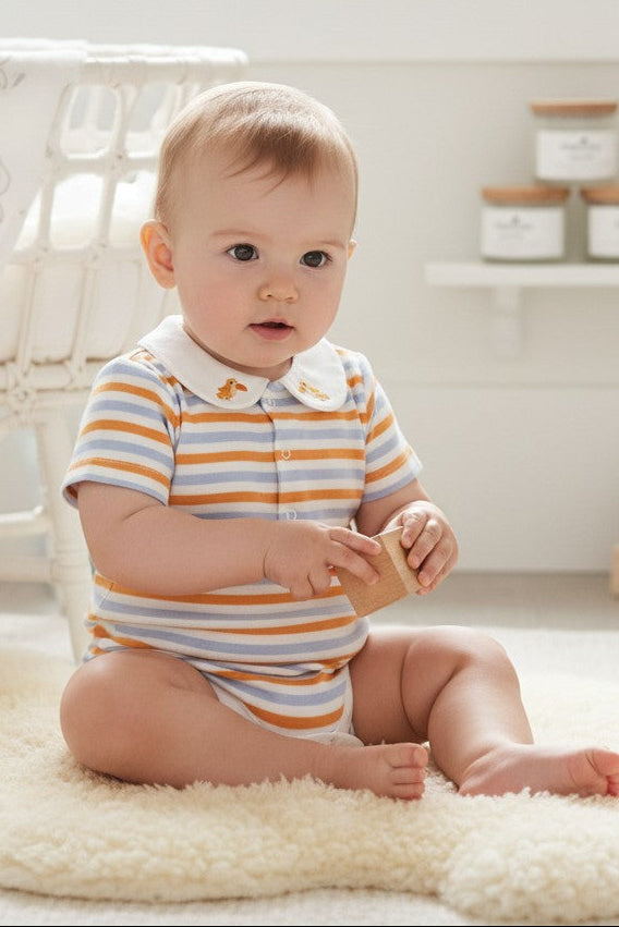 CL kids orange and blue striped polo bodysuit with embroidered birds on collar, organic cotton