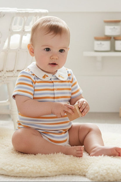 CL kids orange and blue striped polo bodysuit with embroidered birds on collar, organic cotton