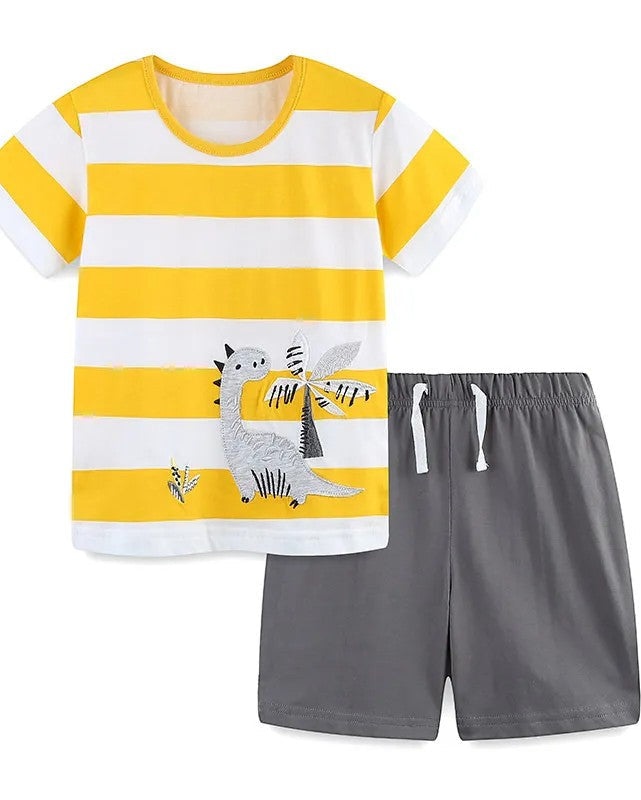 Children's outfit with yellow and white striped shirt and gray shorts on a white background