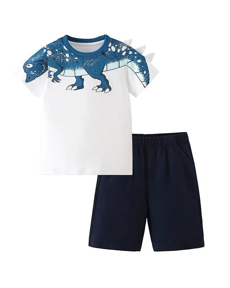 Children's outfit with dinosaur-themed t-shirt and navy shorts on a white background