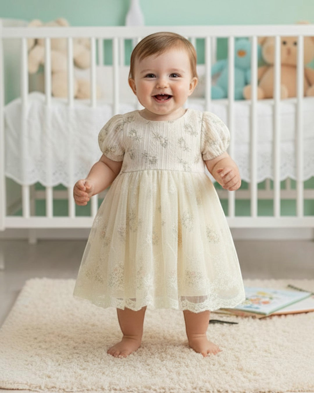 Beige baby dress with floral embroidery on a white background