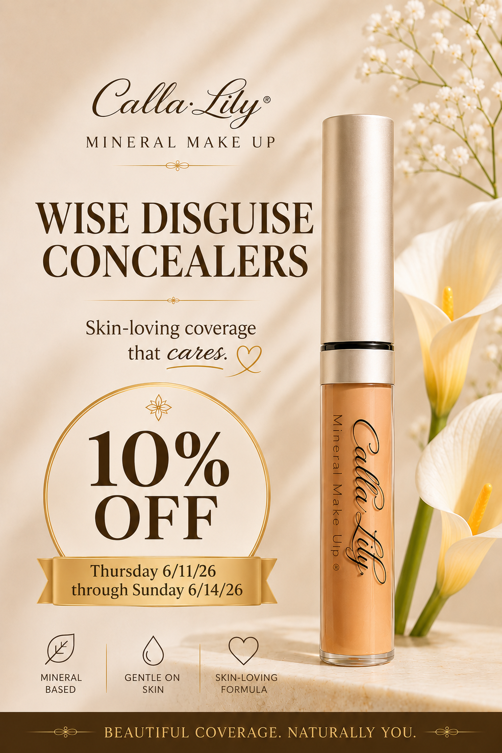 Calla Lily mineral makeup concealer with a 10% off promotion on a beige background with flowers.