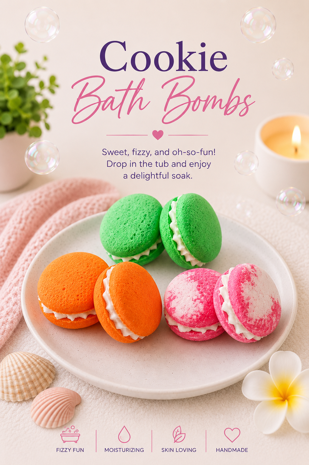 Cookie-shaped bath bombs on a plate with decorative elements and text about the product.