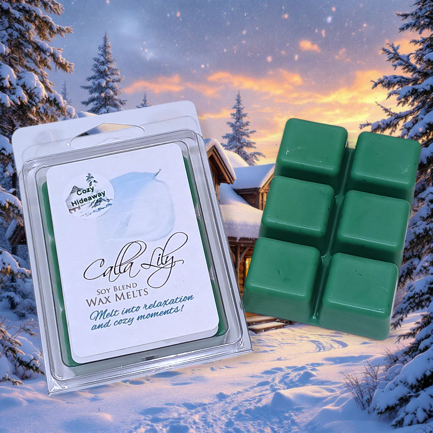 Calla Lily wax melts packaging with wax melts in a snowy landscape