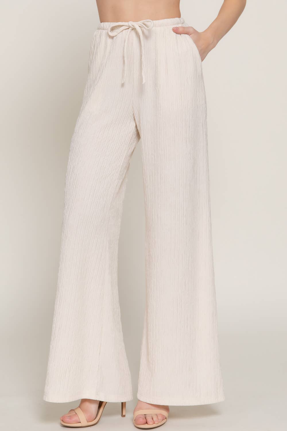 Ivory Crinkle Knit Long Pants