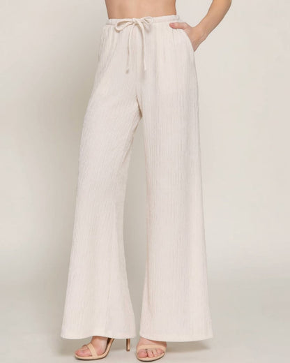 Ivory Crinkle Knit Long Pants