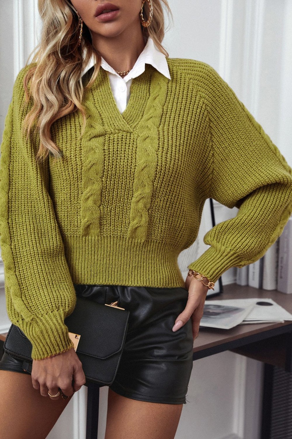 Cable-Knit Collared Neck Faux Layered Sweater