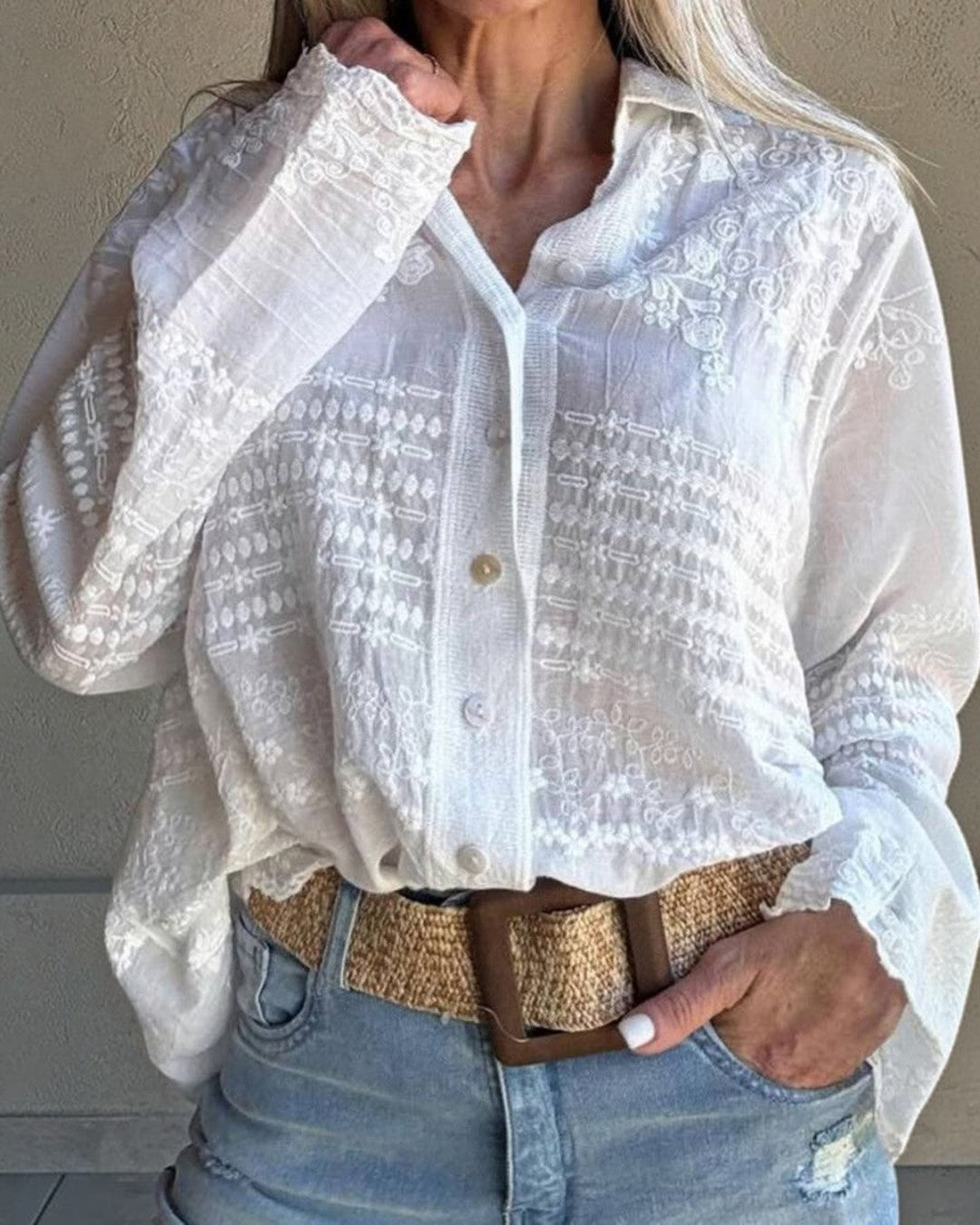 Lace Floral Long Sleeve Blouse - One Size