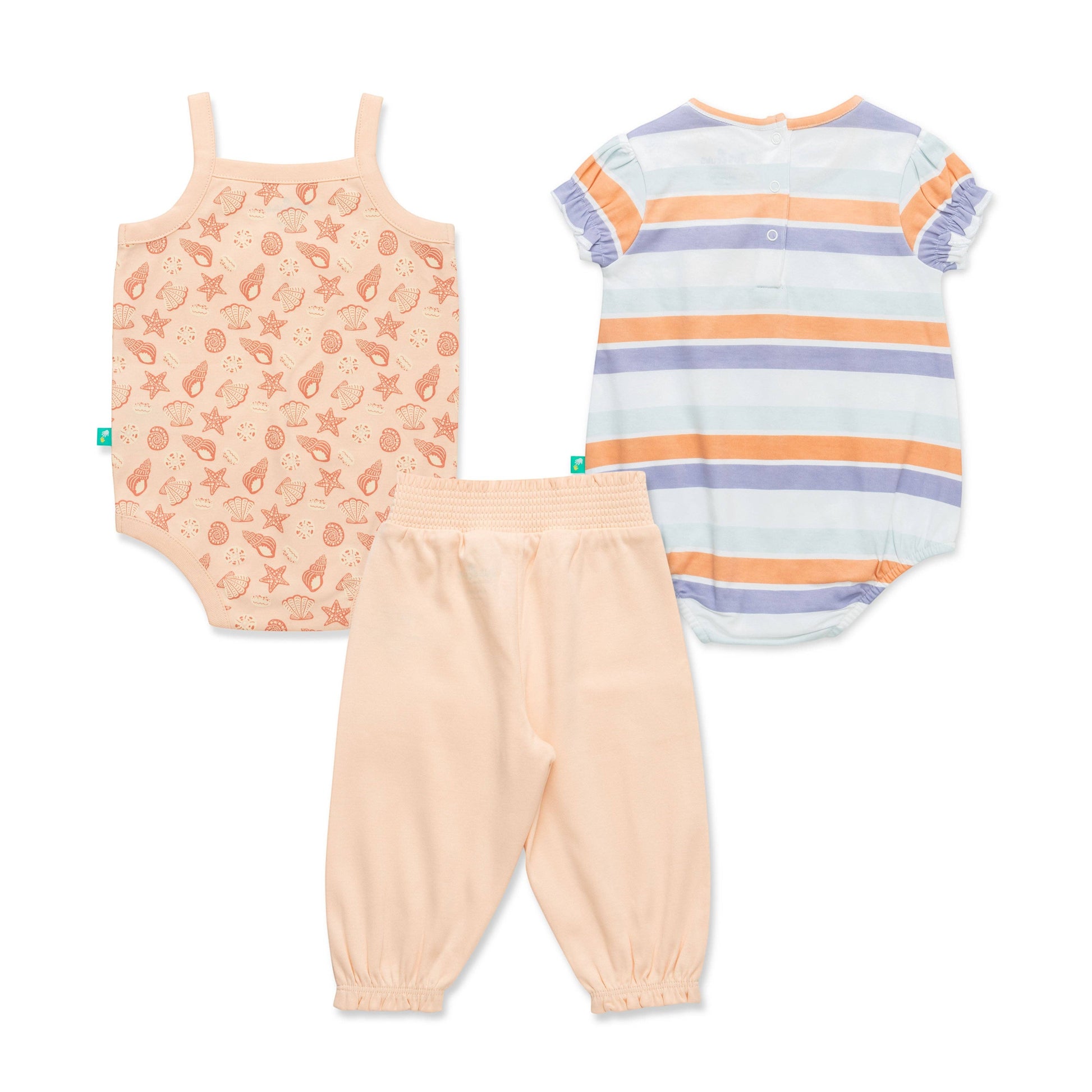 Three pieces of children's clothing including a tank top, pants, and a striped onesie on a white background.