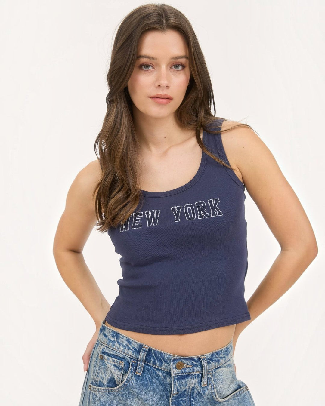 New York Embroidered Cropped Knit Tank Top