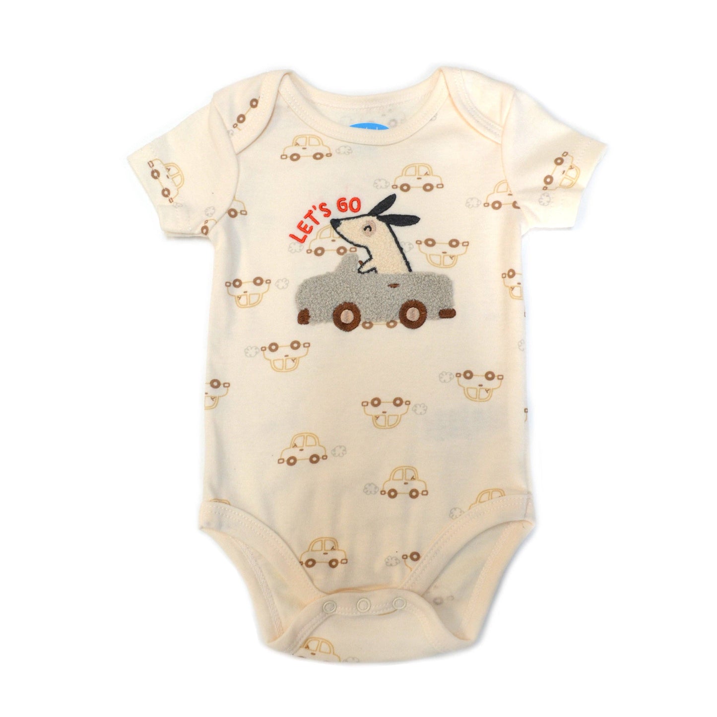 Baby onesie with animal and car design on a white background
