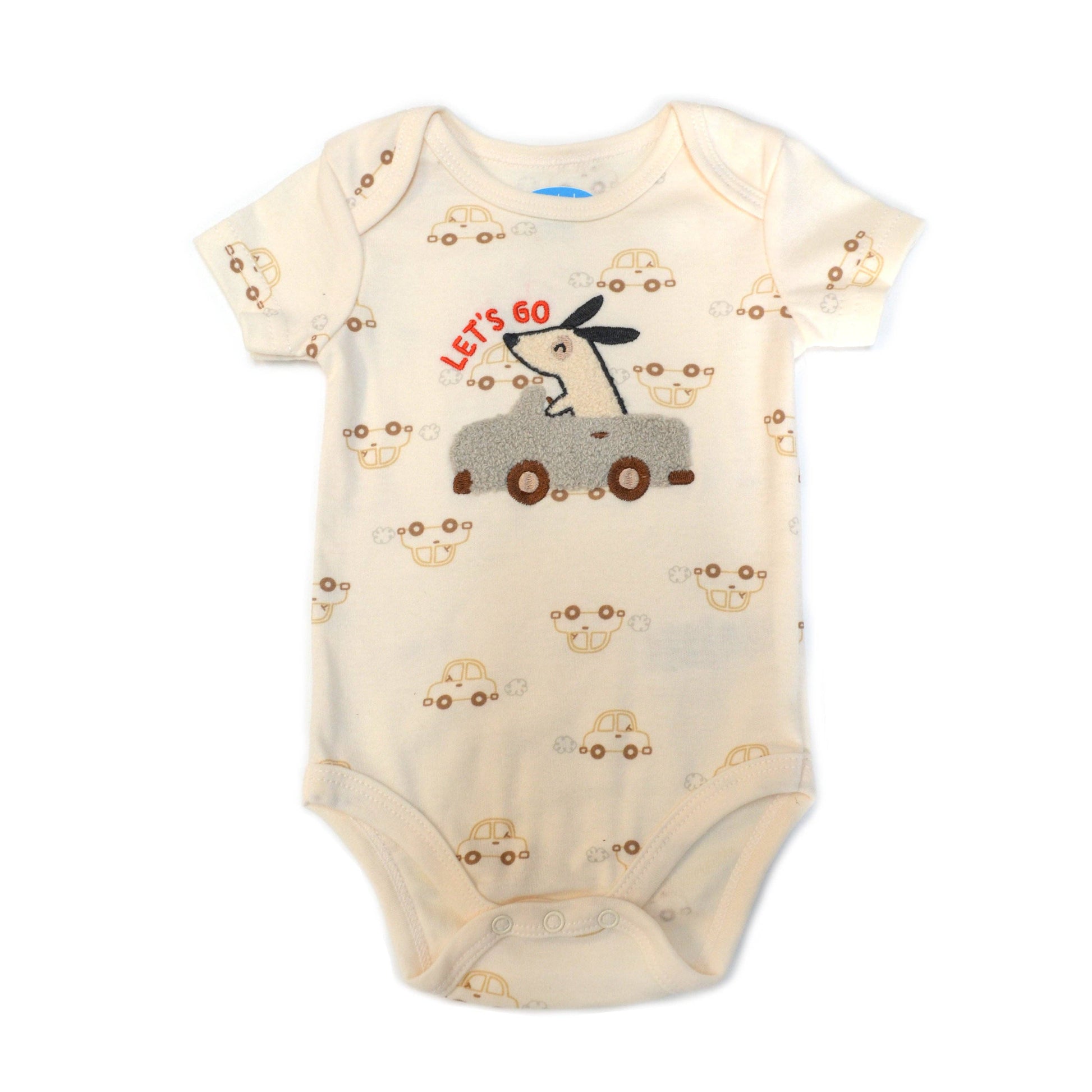 Baby onesie with animal and car design on a white background