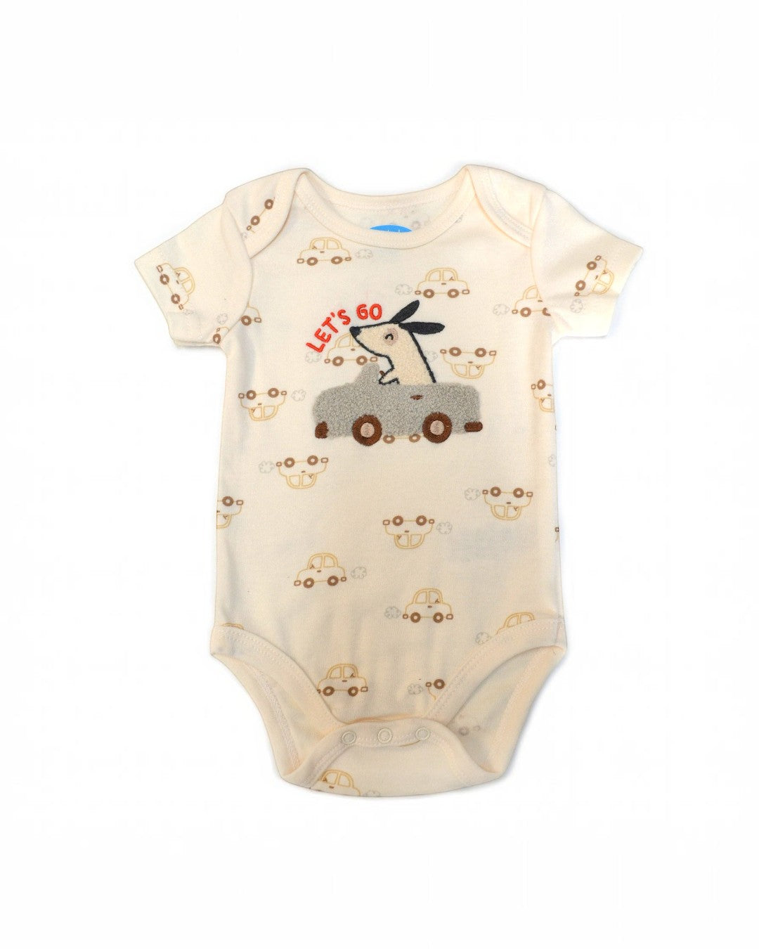 Baby onesie with animal and car design on a white background